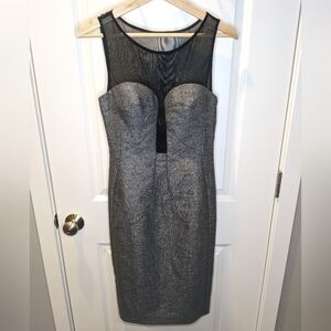 Black Halo Eve Silver Shimmer Plunge Neck Midi Sheath Dress Size 4